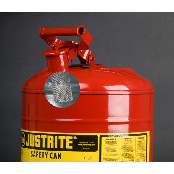 Pojemnik zabezpieczający Justrite stalowy na płyny łatwopalne 9,5 l, Typ I, lejek, czerwony