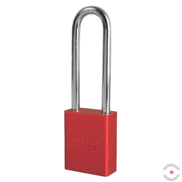 Kłódka zabezpieczająca, korpus anod. aluminium, bardzo długi kabłąk stal borowa 6 mm, cylinder 5 bolców, wykrywalna, klucz KD, czerwona