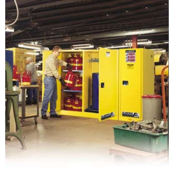 Szafa zabezpieczająca (beczki) Justrite DRUM XXL, 1*200 l, pion, rolki, 2 komory, 3 półki, żółty