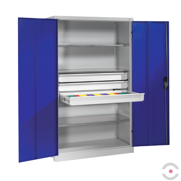 Szafa warsztatowa XL, 3 półki, 3 szuflady, drzwi dwuskrzydłowe, W*S*G 1950*1200*600 mm, szary/niebieski