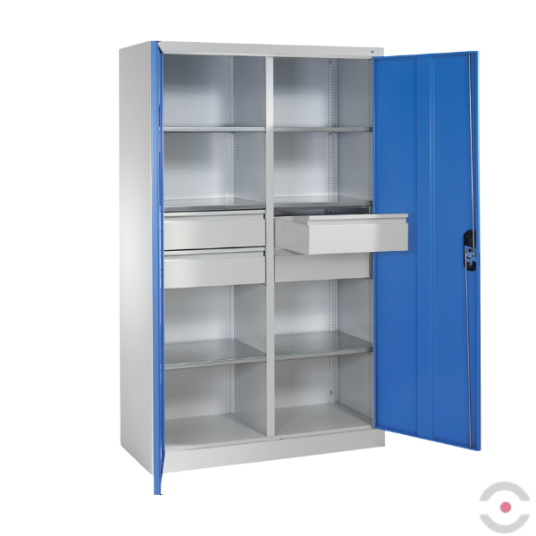 Szafa warsztatowa XL, 6 półek, 4 szuflady, drzwi dwuskrzydłowe, W*S*G 1950*1200*500 mm, szary/niebieski