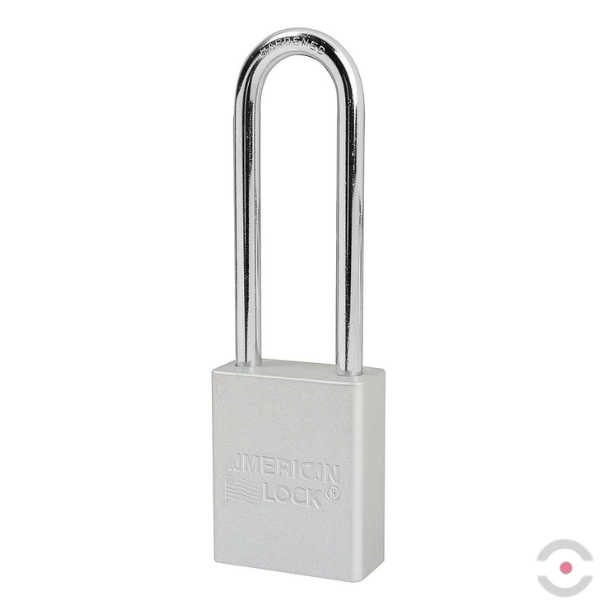 Kłódka zabezpieczająca, korpus anod. aluminium, bardzo długi kabłąk stal borowa 6 mm, cylinder 6 bolców, wykrywalna, klucz KA/MK, jasnoszara