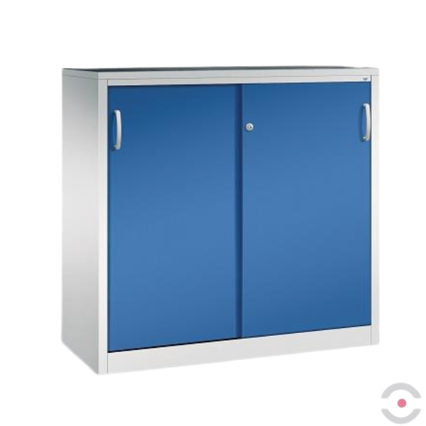 Szafa warsztatowa M, 2 półki, mata, drzwi przesuwne, W*S*G 1200*1200*500 mm, szary/niebieski