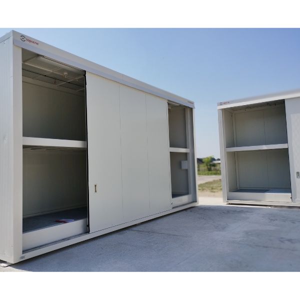 Magazyn substancji niebezpiecznych izolowany Topserw, WSC 2 poziomy/2 segmenty, 8*1000 l KTC/IBC, jednostronny, 1*drzwi przesuwne