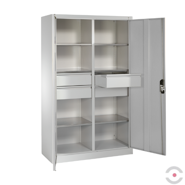 Szafa warsztatowa XL, 6 półek, 4 szuflady, drzwi dwuskrzydłowe, W*S*G 1950*1200*500 mm, szary