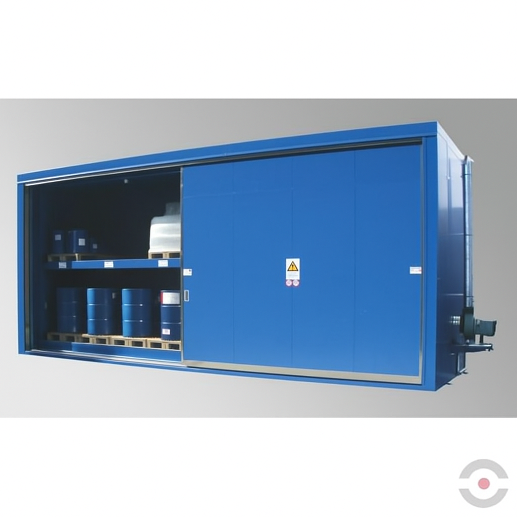 Magazyn ognioodporny Topserw, EI90, 2 poziomy/2 segmenty, 12*1000 l KTC/IBC lub 32*200 l beczka, 2*1000 l, drzwi przesuwne