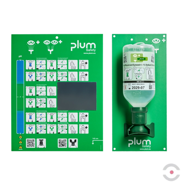 Zestaw naścienny Plum - roztwór do płukania oka i ran, ciało obce, butelka 1*500 ml, chlorek sodu 0,9%, piktogram, MDR