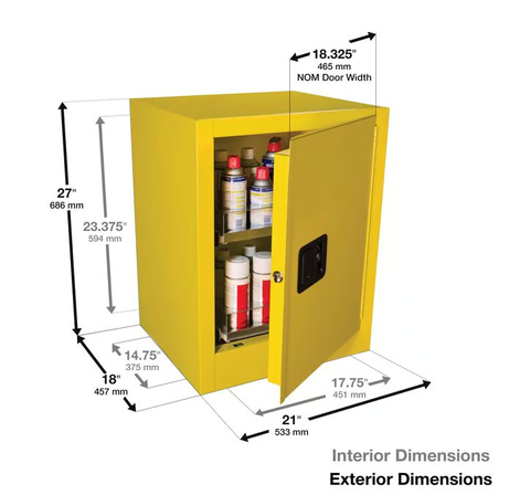 Szafa zabezpieczająca (palne) Justrite AEROZOL S, 24 szt, 1-drzwiowa ZR, 2 półki wysuwane, żółty
