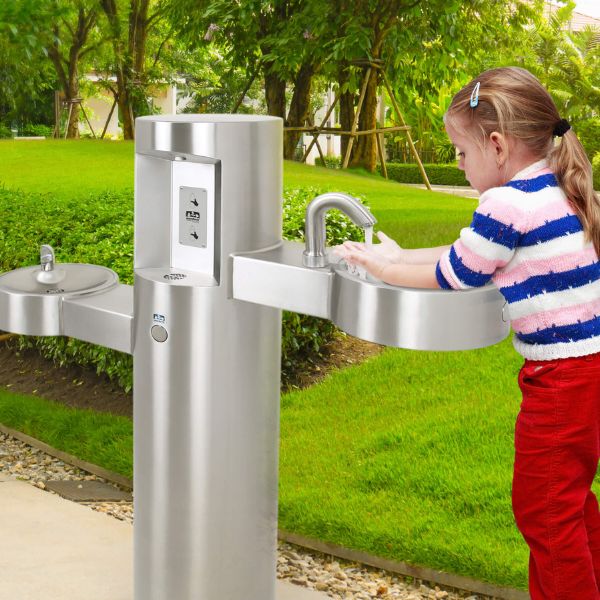 Stacja wody pitnej Zdrojownia GWQ-SO, stanowisko do mycia rąk, sensor, satynowa