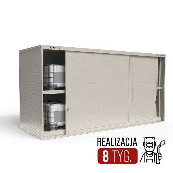 Magazyn substancji niebezpiecznych izolowany Topserw, WSC 2 poziomy/2 segmenty, 12*1000 l KTC/IBC, jednostronny, 1*drzwi przesuwne
