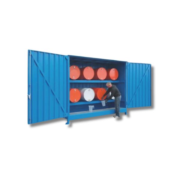 Magazyn substancji niebezpiecznych nieizolowany Topserw, WSC 3 poziomy, 12*200 l beczka/ekspl, jednostronny, 1*drzwi dwuskrzydłowe, jednomodułowy