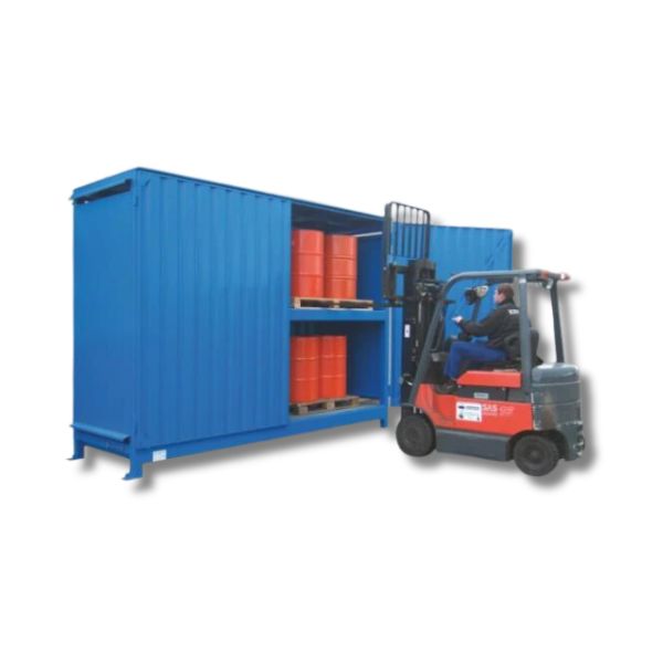 Magazyn substancji niebezpiecznych nieizolowany Topserw, WSC 2 poziomy, 24*200 l beczka/paleta, jednostronny, 1*drzwi dwuskrzydłowe, jednomodułowy
