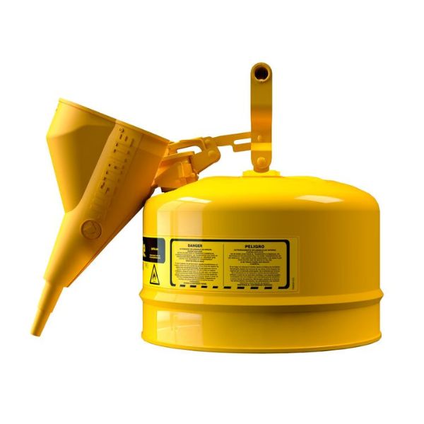 Pojemnik zabezpieczający Justrite stalowy na płyny łatwopalne 9,5 l, Typ I, lejek, żółty