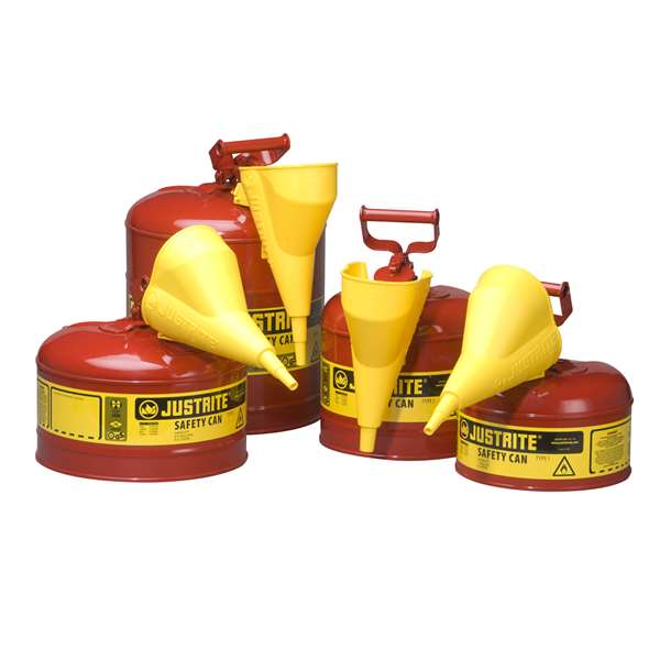 Pojemnik zabezpieczający Justrite stalowy na płyny łatwopalne 9,5 l, Typ I, lejek, czerwony