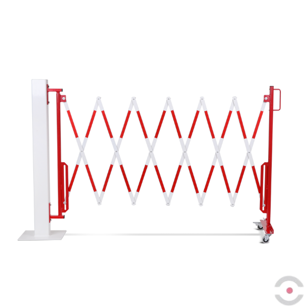 Bariera nożycowa, dł. 4000 mm, ścienna, kółka, czerwony/biały