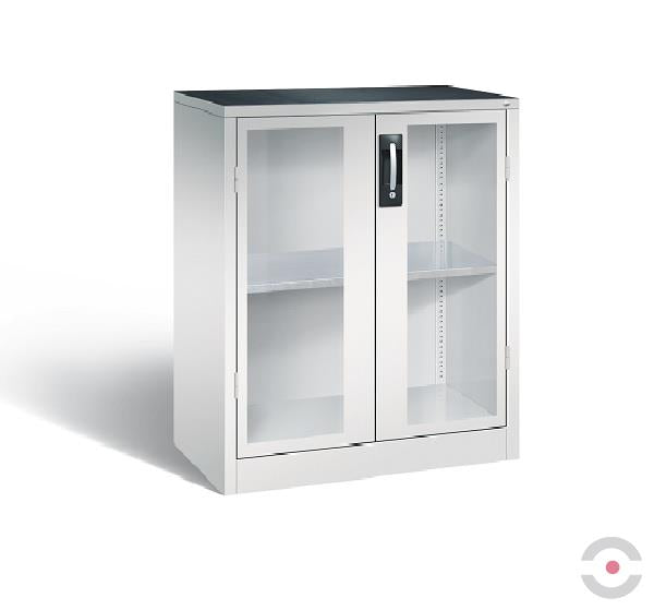Szafa warsztatowa, mata, 1 półka, szer. 930 mm, gł. 500 mm, szara, szklane drzwi