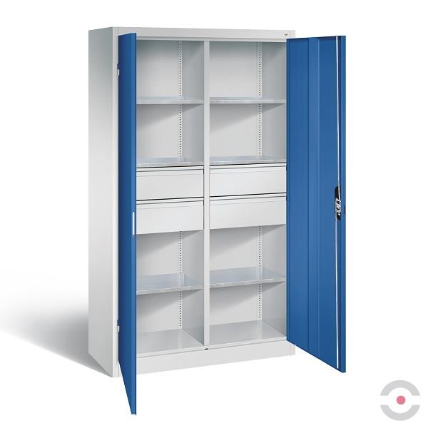 Szafa warsztatowa XL, 6 półek, 4 szuflady, drzwi dwuskrzydłowe, W*S*G 1950*1200*500 mm, szary/niebieski