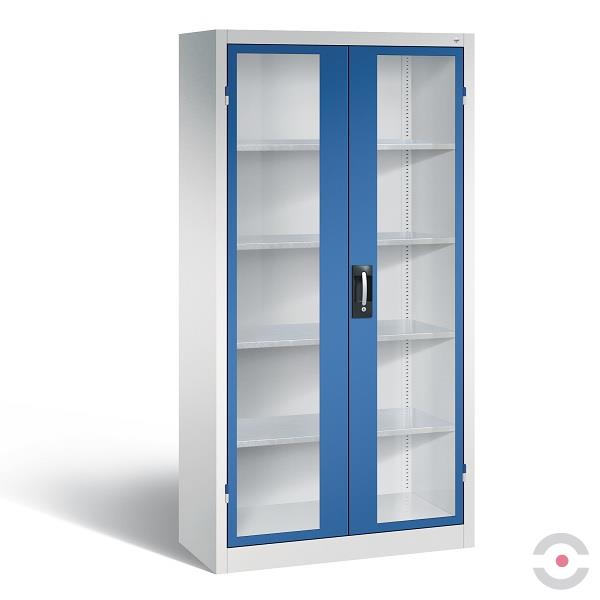 Szafa warsztatowa, 4 półki, szer. 930 mm, gł. 500 mm, szaro-niebieska, szklane drzwi