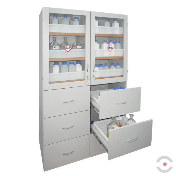 Szafa zabezpieczająca (kwasy, zasady) Topserw MODUS XL, 4 komory, 4 półki wysuwane, 6 szuflad, drzwi CLA-GL