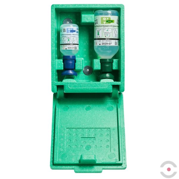 Zestaw naścienny zamykany Plum COMBI Green Box - roztwór do płukania oka i ran, ciało obce, kwas i zasada, butelka 1*500 ml, 1*200 ml, MDR