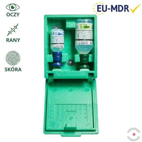 Zestaw naścienny zamykany Plum COMBI Green Box - roztwór do płukania oka i ran, ciało obce, kwas i zasada, butelka 1*500 ml, 1*200 ml, MDR