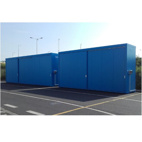 Magazyn ognioodporny Topserw, EI90, 2 poziomy/2 segmenty, 12*1000 l KTC/IBC lub 32*200 l beczka, 2*1000 l, drzwi przesuwne