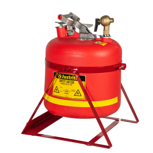Pojemnik laboratoryjny Justrite, polietylenowy, kurek spustowy górny z regulacją przepływu, 19 l, czerwony