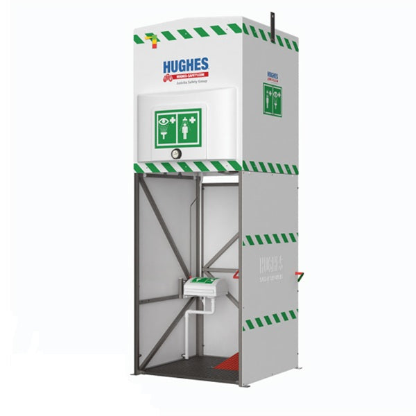 Kabina bezpieczeństwa Hughes, natrysk awaryjny, myjka do oczu/twarzy (IN), ściany GRP, zbiornik 1500 l, mrozoodporna -35°C