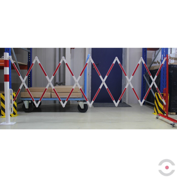 Bariera nożycowa, dł. 3600 mm, słupek śr. 60 mm, kółka, czerwony/biały