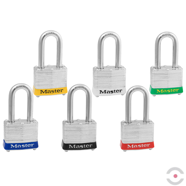 Kłódka zabezpieczająca HEAVY, korpus stalowy laminowany, długi kabłąk stalowy 7.1 mm, klucz KA, żółta