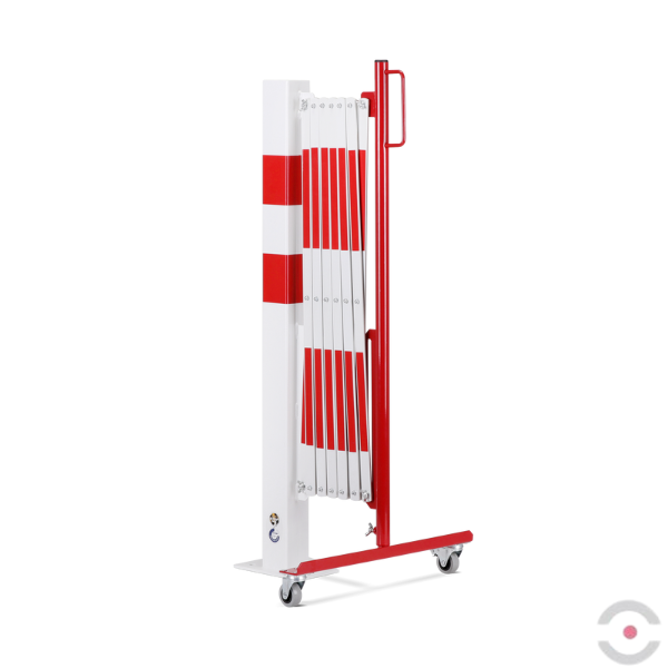 Bariera nożycowa, dł. 3600 mm, słupek 70x70 mm, kółka, czerwony/biały