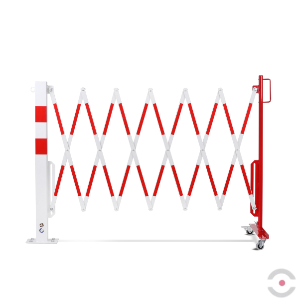 Bariera nożycowa, dł. 3600 mm, słupek 70x70 mm, kółka, czerwony/biały