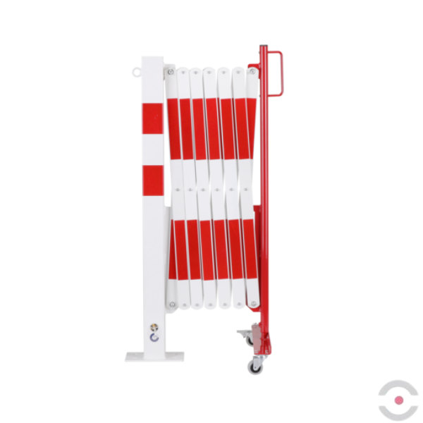 Bariera nożycowa, dł. 4000 mm, słupek 70x70 mm, kółka, czerwony/biały