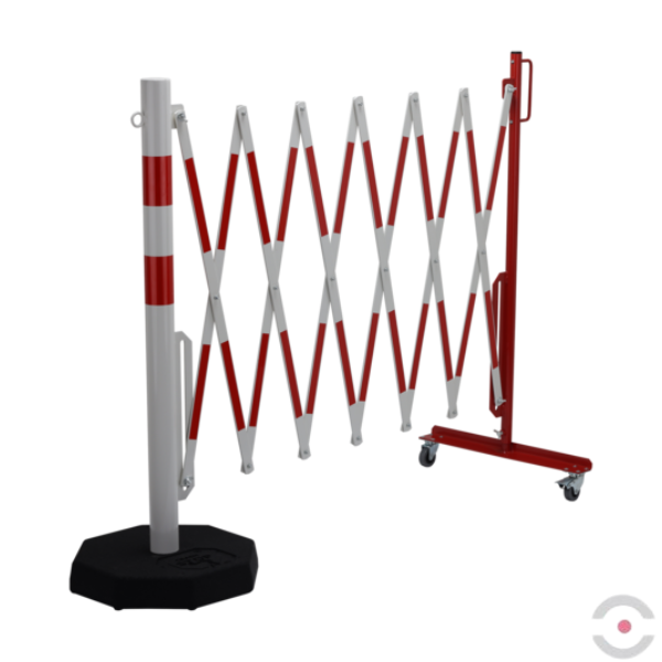 Bariera nożycowa, dł. 3600 mm, słupek przestawny śr. 60 mm, kółka, czerwony/biały
