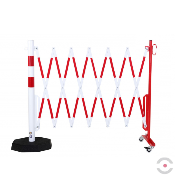 Bariera nożycowa, dł. 4000 mm, słupek przestawny śr. 60 mm, kółka, czerwony/biały