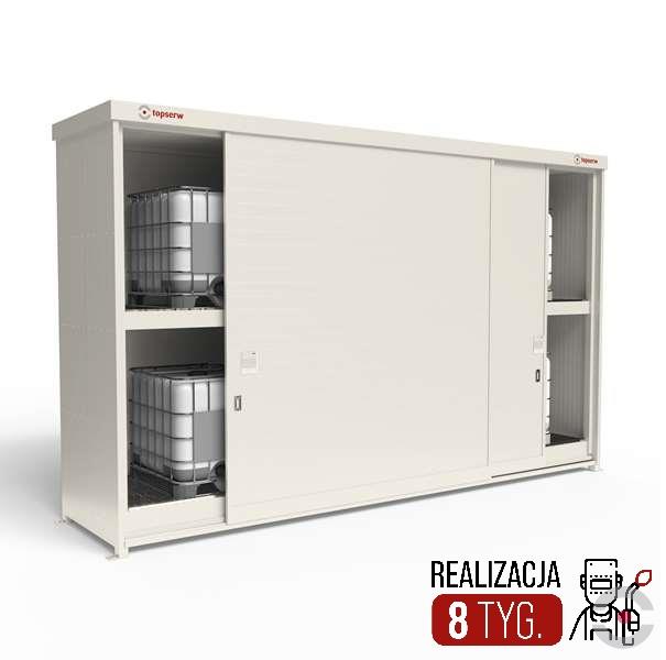 Magazyn substancji niebezpiecznych izolowany Topserw, WSC 2 poziomy/2 segmenty, 8*1000 l KTC/IBC, jednostronny, 1*drzwi przesuwne