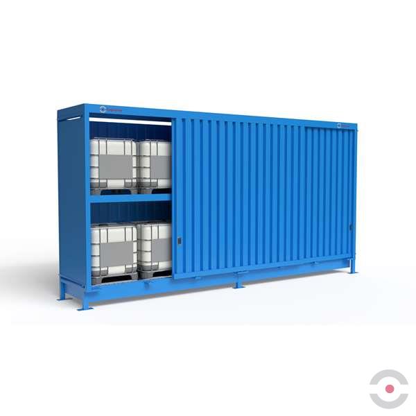 Magazyn substancji niebezpiecznych nieizolowany Topserw, WSC 2 poziomy/2 segmenty, 12*1000 l KTC/IBC, jednostronny, 1*drzwi przesuwne