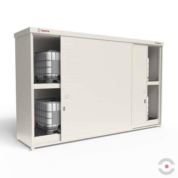 Magazyn substancji niebezpiecznych izolowany Topserw, WSC 2 poziomy/2 segmenty, 8*1000 l KTC/IBC, jednostronny, 1*drzwi przesuwne