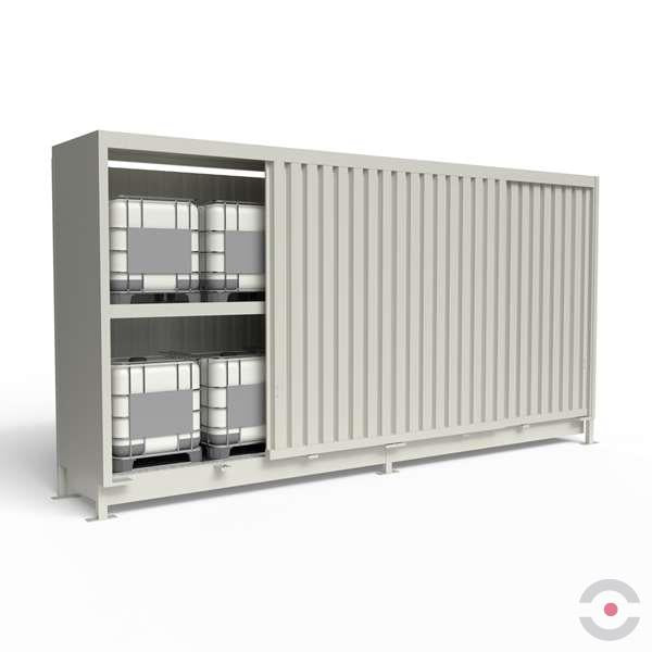 Magazyn substancji niebezpiecznych nieizolowany Topserw, WSC 2 poziomy/2 segmenty, 12*1000 l KTC/IBC, jednostronny, 1*drzwi przesuwne