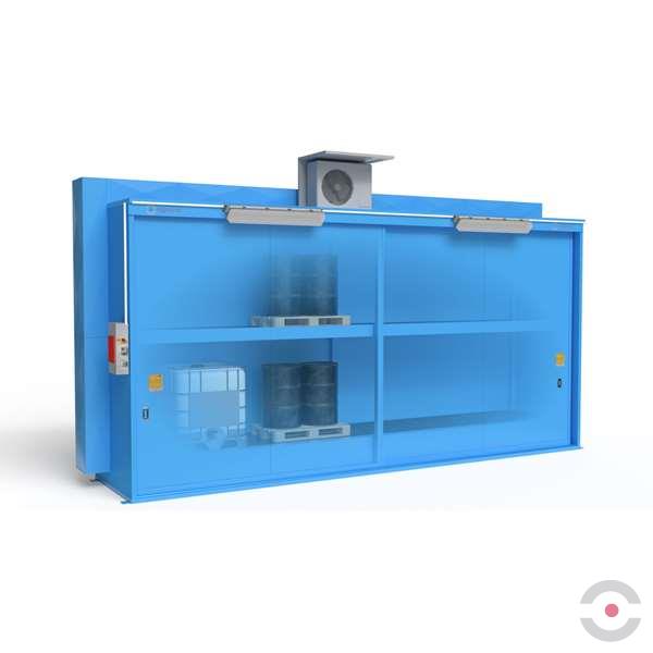 Magazyn substancji niebezpiecznych izolowany Topserw, WSC 2 poziom/2 segmenty, 12*1000 l KTC/IBC, 1*drzwi przesuwne