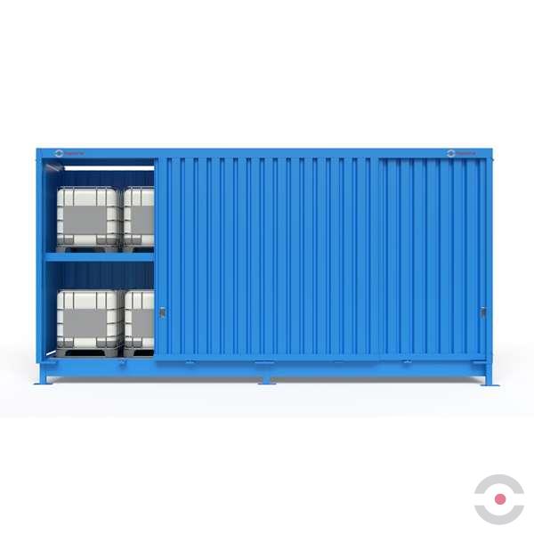 Magazyn substancji niebezpiecznych nieizolowany Topserw, WSC 2 poziomy/2 segmenty, 12*1000 l KTC/IBC, jednostronny, 1*drzwi przesuwne