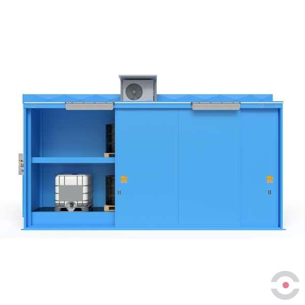 Magazyn substancji niebezpiecznych izolowany Topserw, WSC 2 poziom/2 segmenty, 12*1000 l KTC/IBC, 1*drzwi przesuwne, jednomodułowy