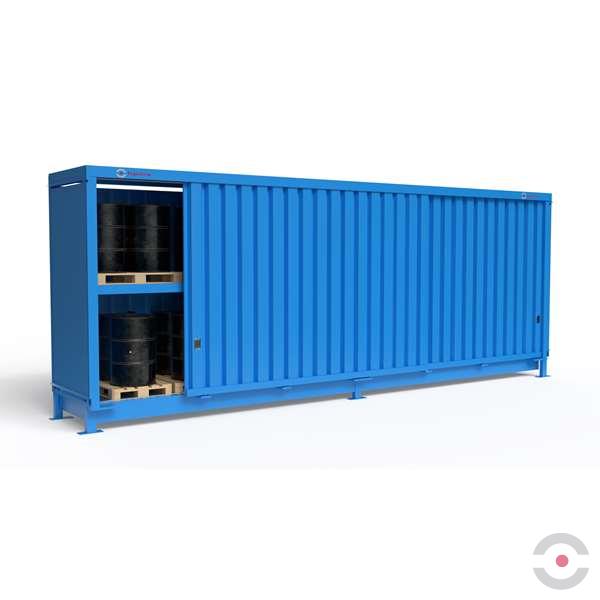 Magazyn substancji niebezpiecznych nieizolowany Topserw, WSC 2 poziomy/2 segmenty, 48*200 l beczka/paleta, jednostronny, 1*drzwi przesuwne, dwumodułowy