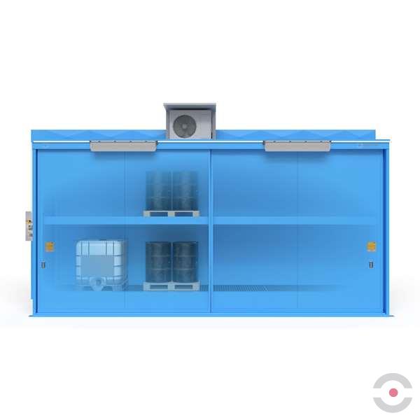Magazyn substancji niebezpiecznych izolowany Topserw, WSC 2 poziom/2 segmenty, 12*1000 l KTC/IBC, 1*drzwi przesuwne, jednomodułowy