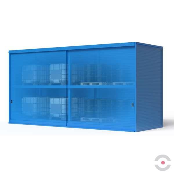 Magazyn substancji niebezpiecznych izolowany Topserw, WSC 2 poziomy/2 segmenty, 24*1000 l KTC/IBC, dwustronny, 2*drzwi przesuwne, dwumodułowy