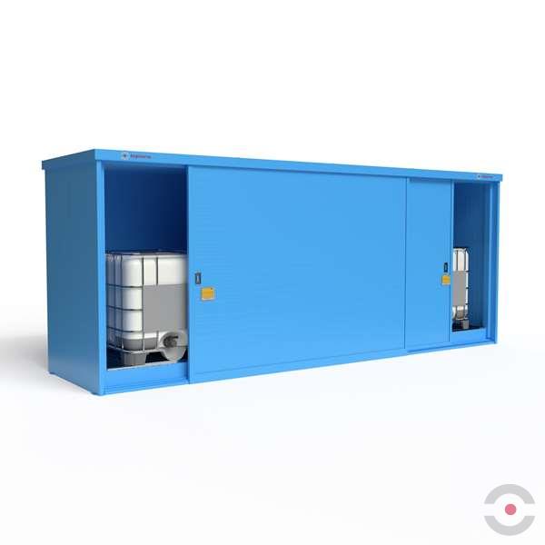 Magazyn substancji niebezpiecznych izolowany Topserw, WSC 1 poziom/2 segmenty, 4*1000 l KTC/IBC, 1*drzwi przesuwne, dwumodułowy