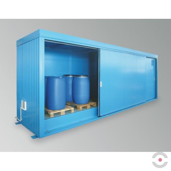 Magazyn substancji niebezpiecznych izolowany Topserw, WSC 1 poziom/2 segmenty, 24*200 l beczka/paleta, 1*drzwi przesuwne, dwumodułowy
