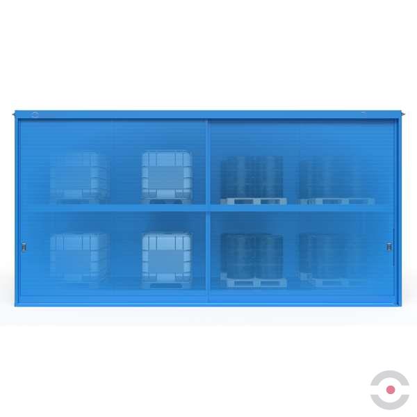 Magazyn substancji niebezpiecznych izolowany Topserw, WSC 2 poziomy/2 segmenty, 24*1000 l KTC/IBC, dwustronny, 2*drzwi przesuwne, dwumodułowy