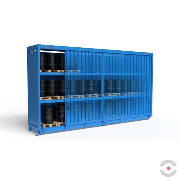 Magazyn substancji niebezpiecznych nieizolowany Topserw, WSC 3 poziomy/2 segmenty, 72*200 l beczka/paleta, jednostronny, 1*drzwi przesuwne, dwumodułowy