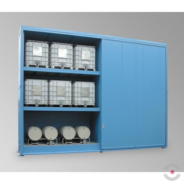 Magazyn substancji niebezpiecznych nieizolowany Topserw, WSC 3 poziomy/2 segmenty, 24*200 l beczka/ekspl, jednostronny, 1*drzwi przesuwne, dwumodułowy